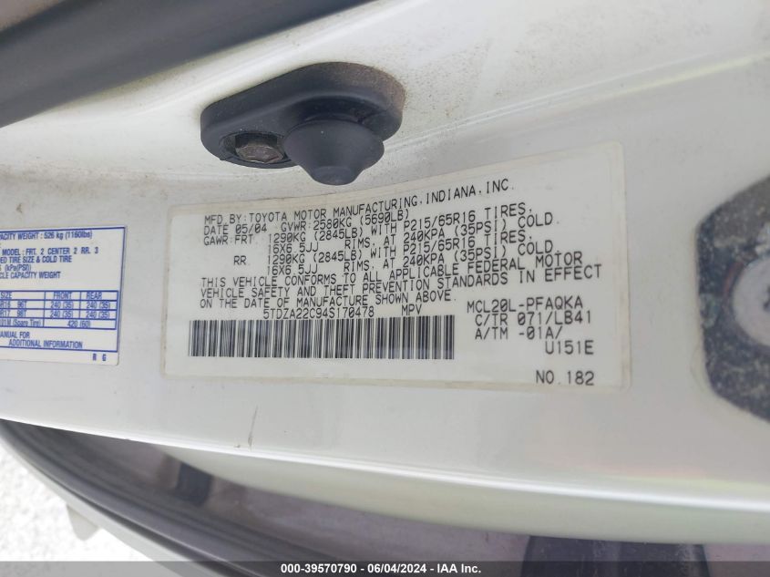 2004 Toyota Sienna Xle VIN: 5TDZA22C94S170478 Lot: 39570790