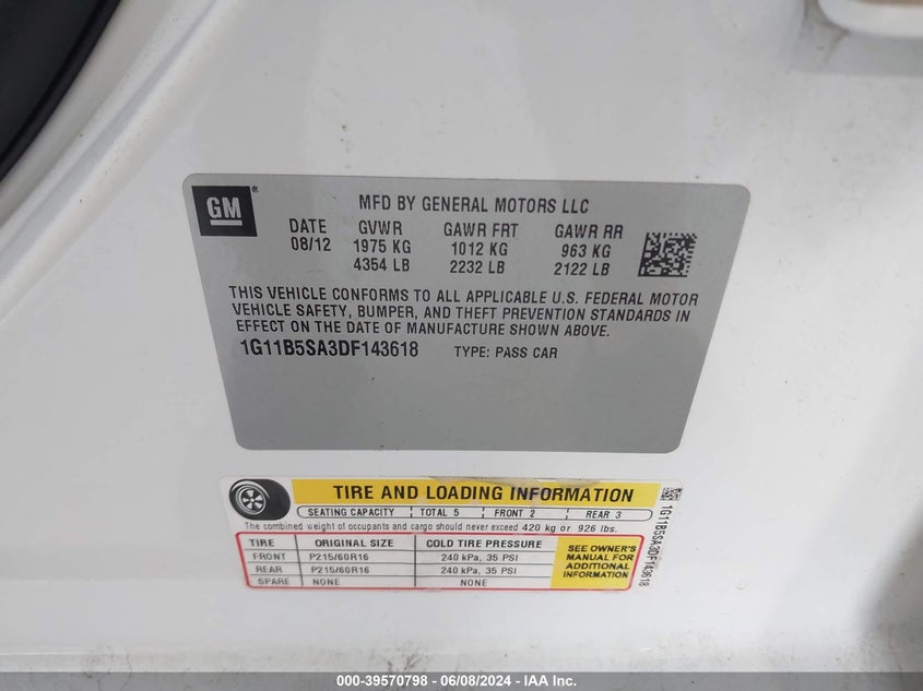 2013 Chevrolet Malibu 1Ls VIN: 1G11B5SA3DF143618 Lot: 39570798