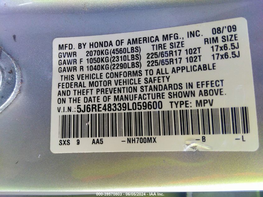 2009 Honda Cr-V Lx VIN: 5J6RE48339L059600 Lot: 39570803