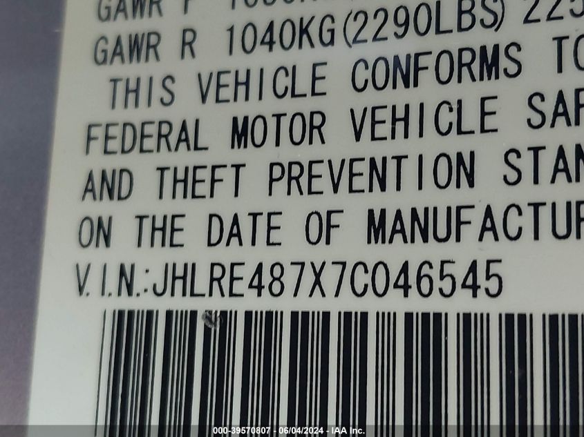 2007 Honda Cr-V Ex-L VIN: JHLRE487X7C046545 Lot: 39570807
