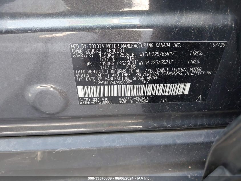 2020 Toyota Rav4 Xle VIN: 2T3W1RFV4LW090865 Lot: 39570809