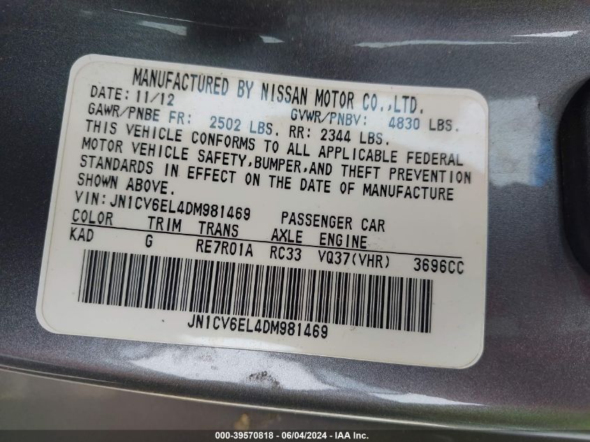 2013 Infiniti G37X VIN: JN1CV6EL4DM981469 Lot: 39570818