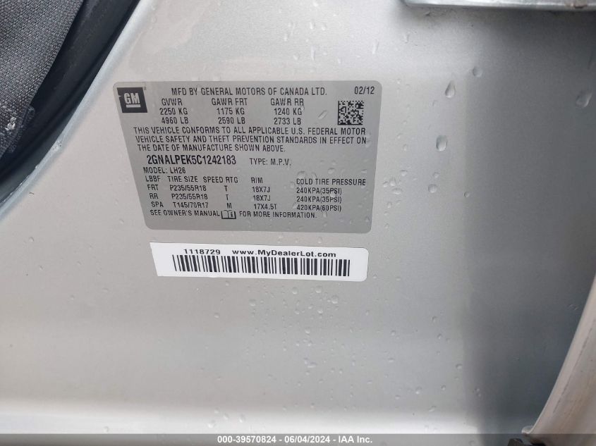 2012 Chevrolet Equinox 2Lt VIN: 2GNALPEK5C1242183 Lot: 39570824