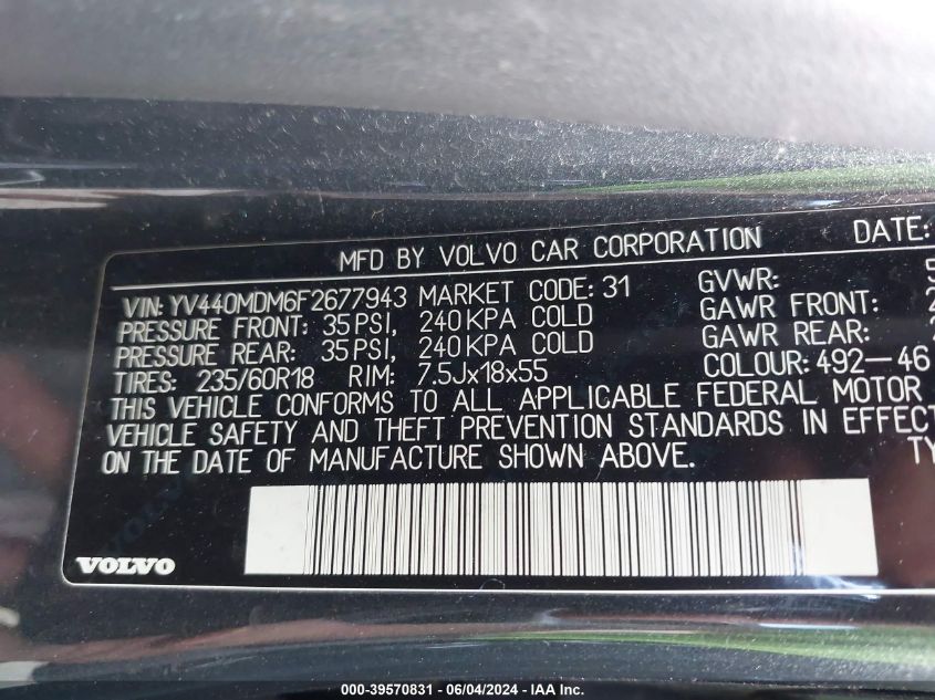 2015 Volvo Xc60 T5 Platinum VIN: YV440MDM6F2677943 Lot: 39570831