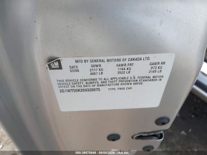 2006 Chevrolet Impala Lt VIN: 2G1WT55K269328875 Lot: 39570849