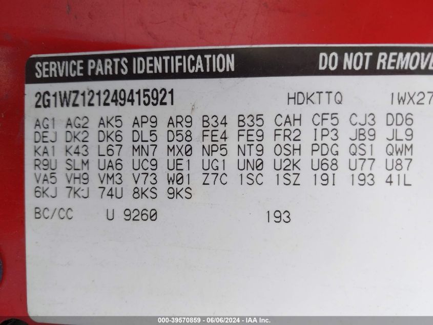 2004 Chevrolet Monte Carlo Supercharged Ss VIN: 2G1WZ121249415921 Lot: 39570859
