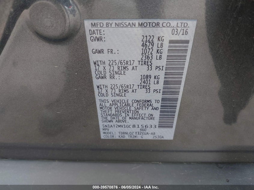 2016 Nissan Rogue Sv VIN: 5N1AT2MV1GC815633 Lot: 39570876