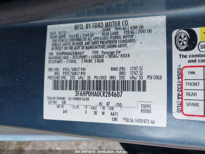 2012 Ford Fusion Se VIN: 3FAHP0HA0CR284607 Lot: 39570878