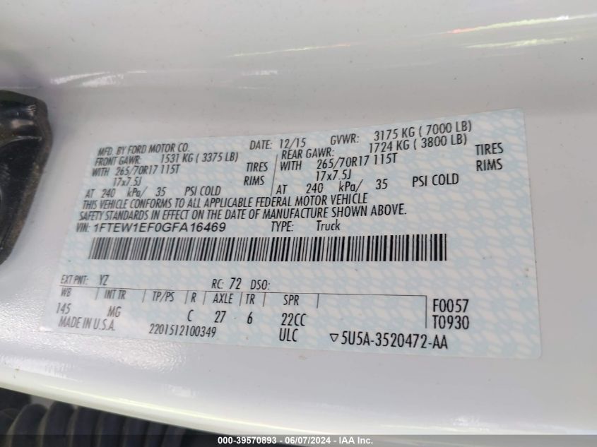 2016 Ford F-150 Xlt VIN: 1FTEW1EF0GFA16469 Lot: 39570893