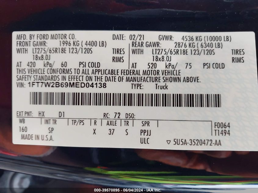 2021 Ford F-250 King Ranch VIN: 1FT7W2B69MED04138 Lot: 39570895