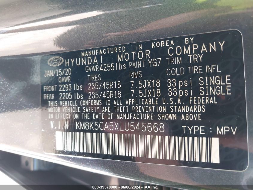 2020 Hyundai Kona Ultimate VIN: KM8K5CA5XLU545668 Lot: 39570900