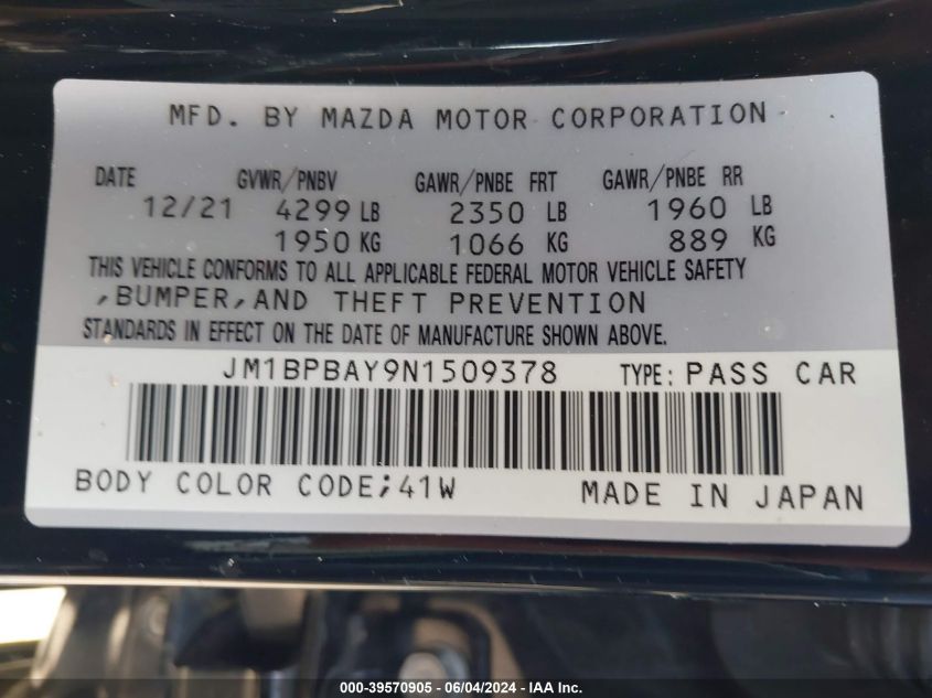 2022 Mazda Mazda3 VIN: JM1BPBAY9N1509378 Lot: 39570905