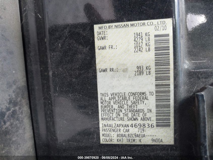 2010 Nissan Altima 2.5 S VIN: 1N4AL2APXAN469836 Lot: 39570920