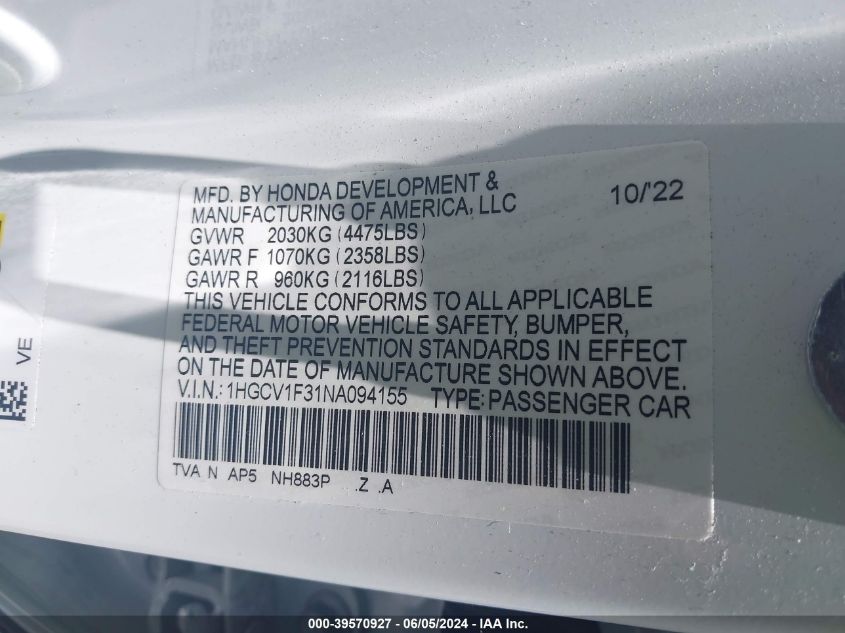 2022 Honda Accord Sport VIN: 1HGCV1F31NA094155 Lot: 39570927