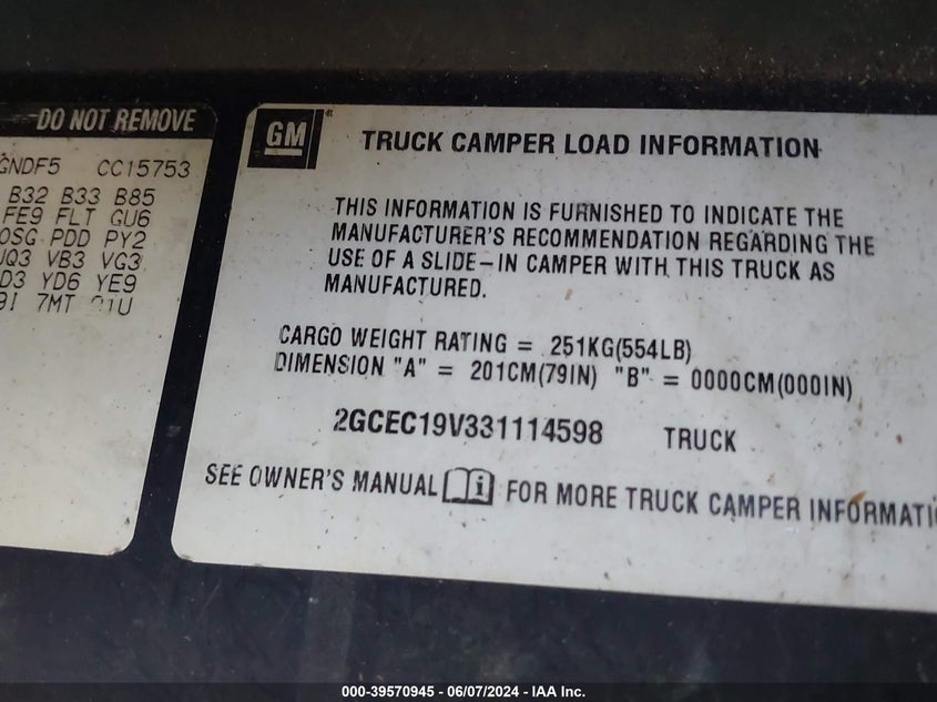 2003 Chevrolet Silverado 1500 Ls VIN: 2GCEC19V331114598 Lot: 39570945