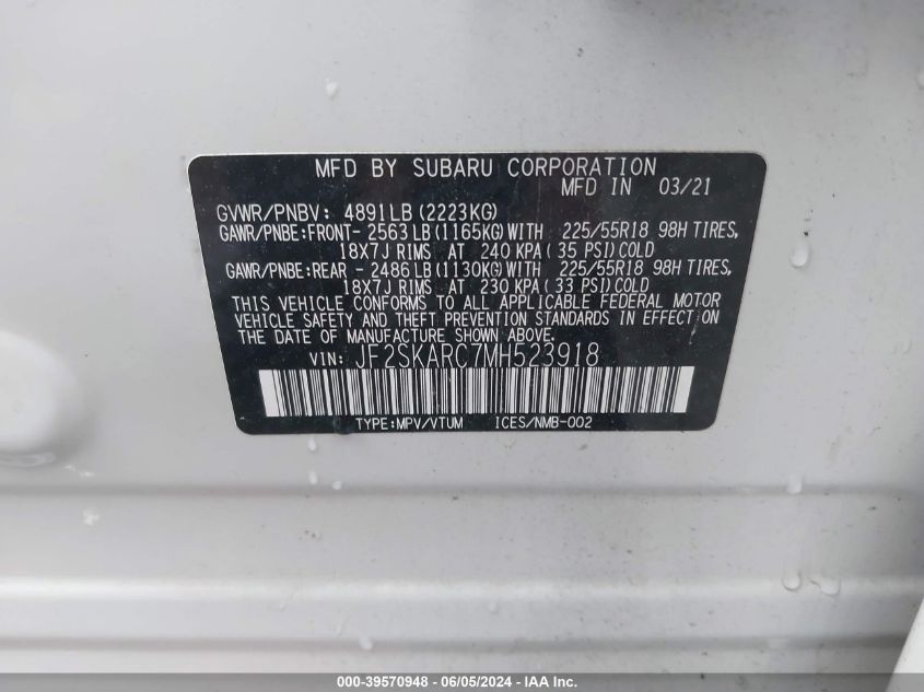 2021 Subaru Forester Sport VIN: JF2SKARC7MH523918 Lot: 39570948