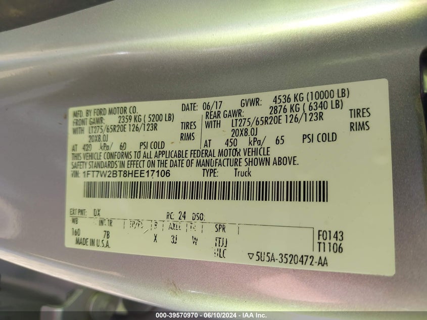 2017 Ford F-250 Platinum VIN: 1FT7W2BT8HEE17106 Lot: 39570970