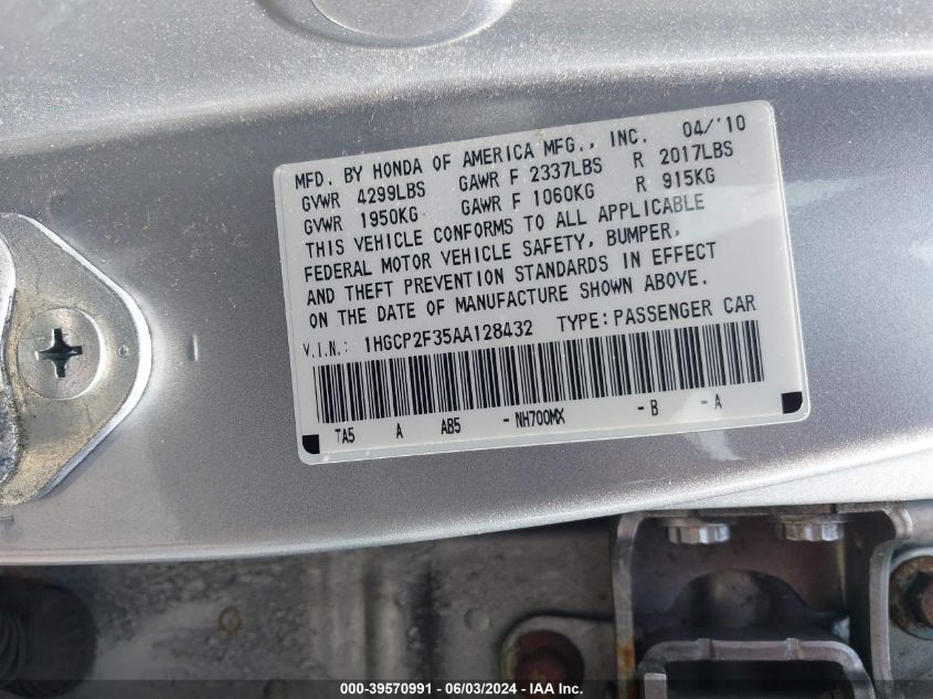 2010 Honda Accord 2.4 Lx VIN: 1HGCP2F35AA128432 Lot: 39570991