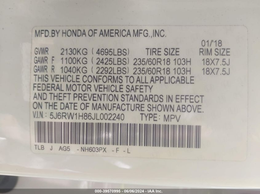 2018 HONDA CR-V EX-L/EX-L NAVI - 5J6RW1H86JL002240