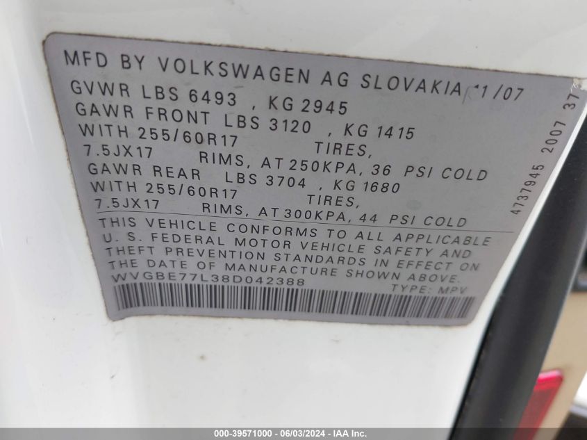 2008 Volkswagen Touareg 2 Vr6 Fsi VIN: WVGBE77L38D042388 Lot: 39571000