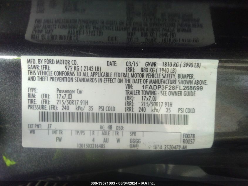 2015 Ford Focus Se VIN: 1FADP3F28FL268699 Lot: 39571003