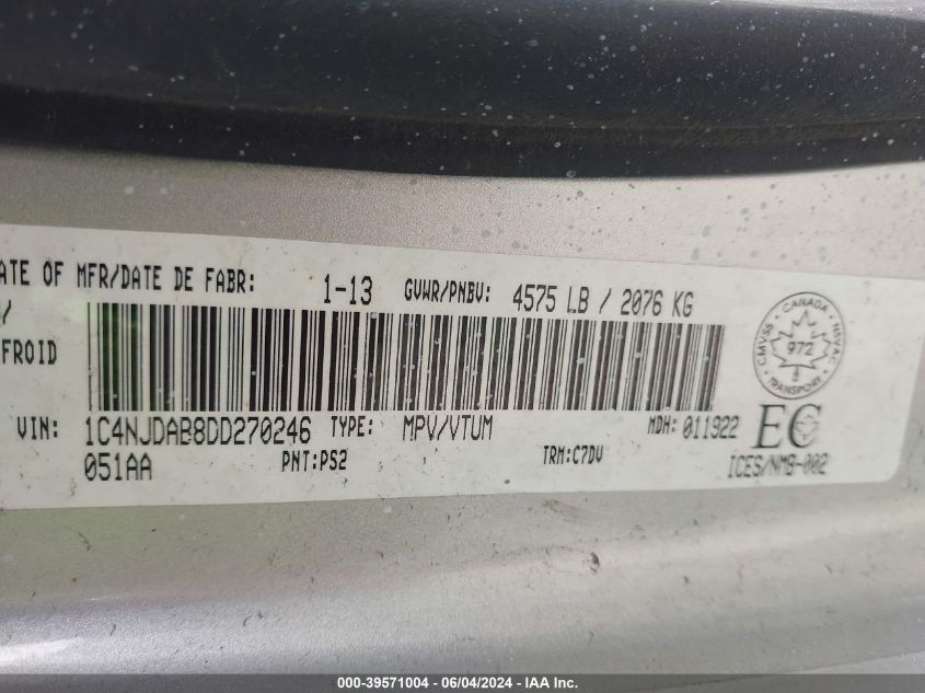 2013 Jeep Compass Sport/North VIN: 1C4NJDAB8DD270246 Lot: 39571004
