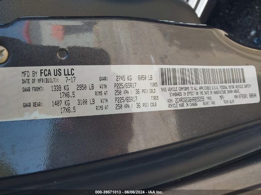 2017 Dodge Grand Caravan Gt VIN: 2C4RDGEG6HR825259 Lot: 39571013