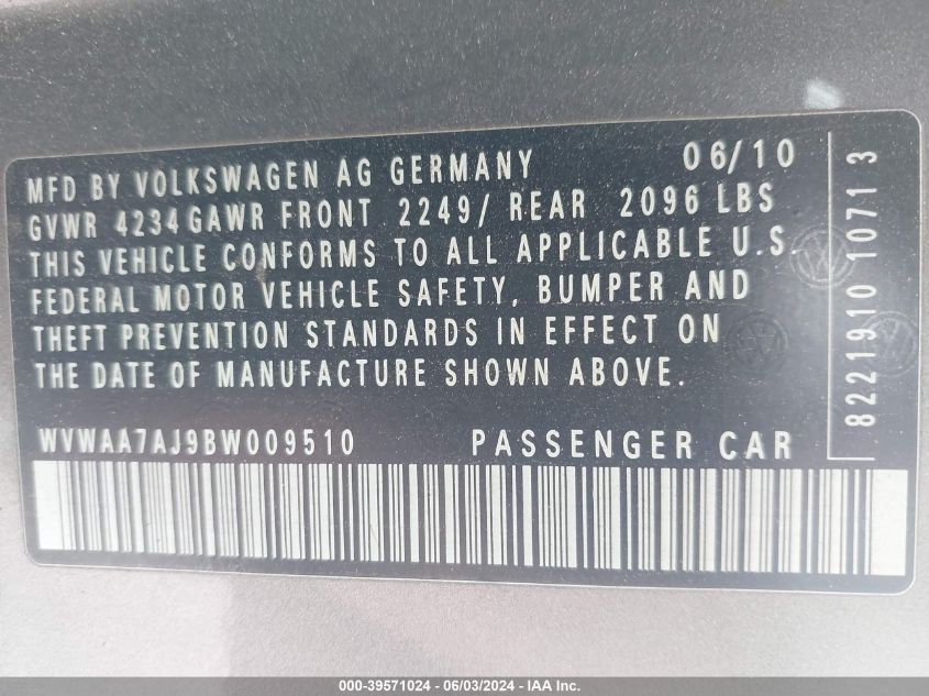 2011 Volkswagen Golf 2.5L 2-Door VIN: WVWAA7AJ9BW009510 Lot: 39571024