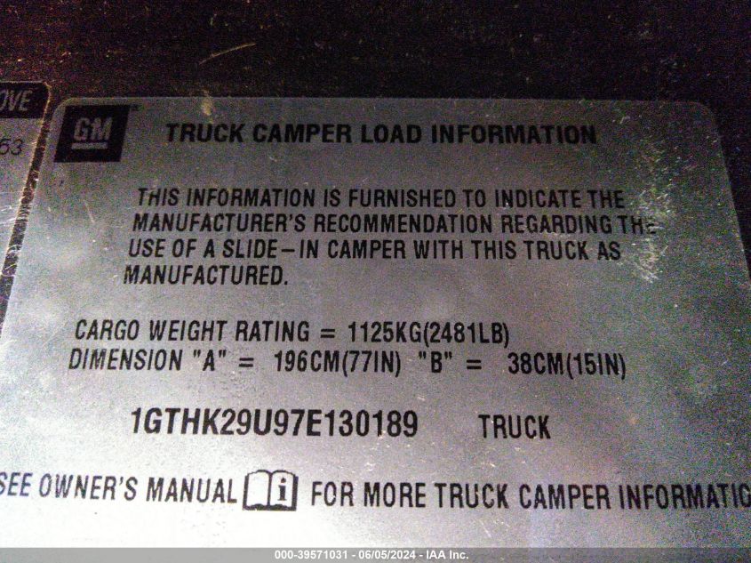 2007 GMC Sierra 2500Hd Classic Sle1 VIN: 1GTHK29U97E130189 Lot: 39571031