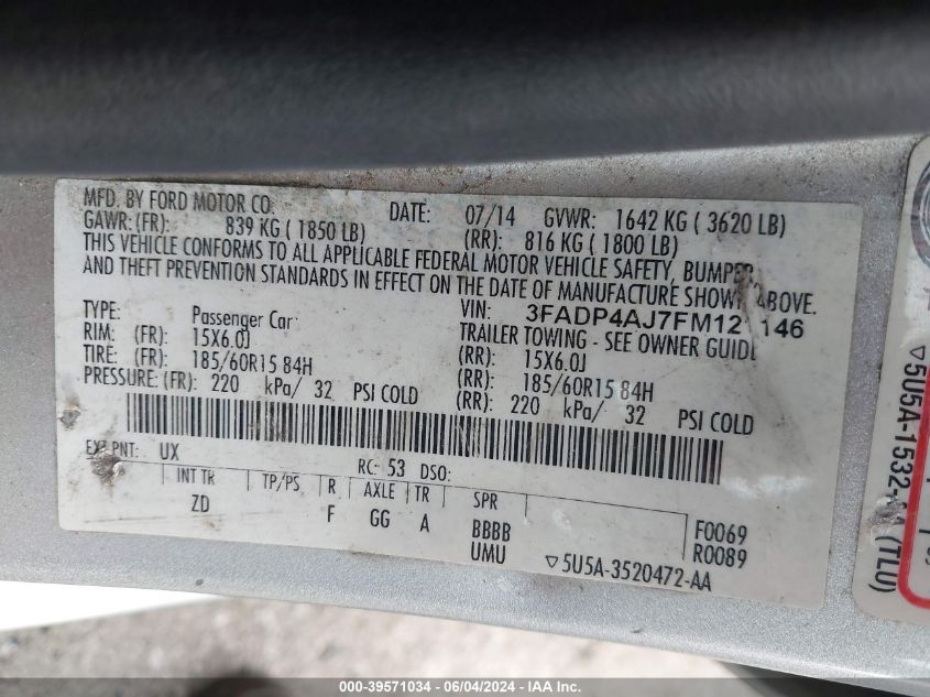 2015 Ford Fiesta S VIN: 3FADP4AJ7FM121146 Lot: 39571034