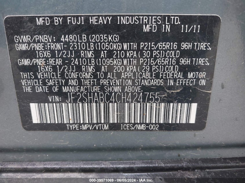 2012 Subaru Forester 2.5X VIN: JF2SHABC4CH424755 Lot: 39571069