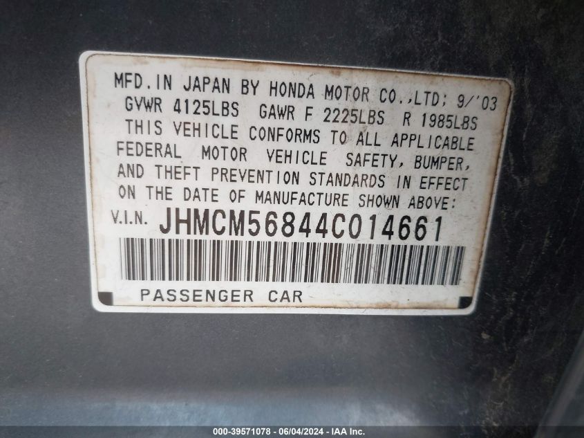 2004 Honda Accord 2.4 Ex VIN: JHMCM56844C014661 Lot: 39571078