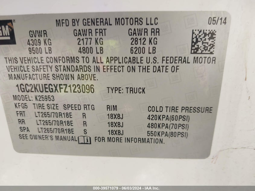 2015 Chevrolet Silverado 2500Hd Wt VIN: 1GC2KUEGXFZ123096 Lot: 39571079