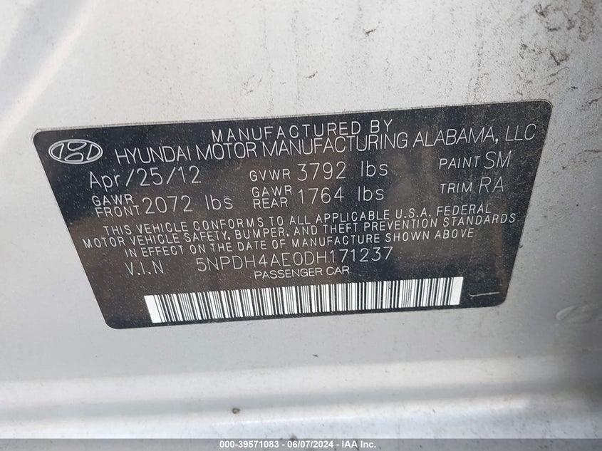 2013 Hyundai Elantra Gls VIN: 5NPDH4AE0DH171237 Lot: 39571083