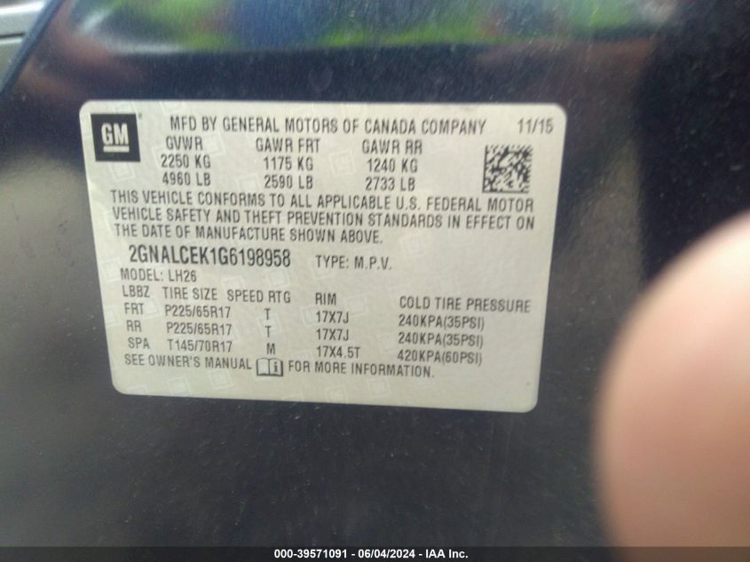 2016 Chevrolet Equinox Lt VIN: 2GNALCEK1G6198958 Lot: 39571091