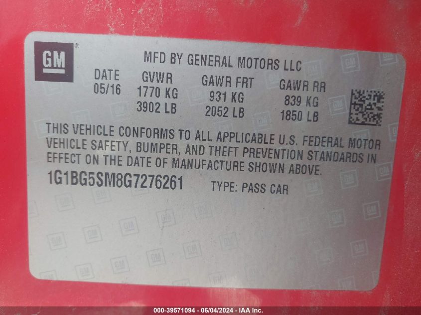 2016 Chevrolet Cruze Premier Auto VIN: 1G1BG5SM8G7276261 Lot: 39571094