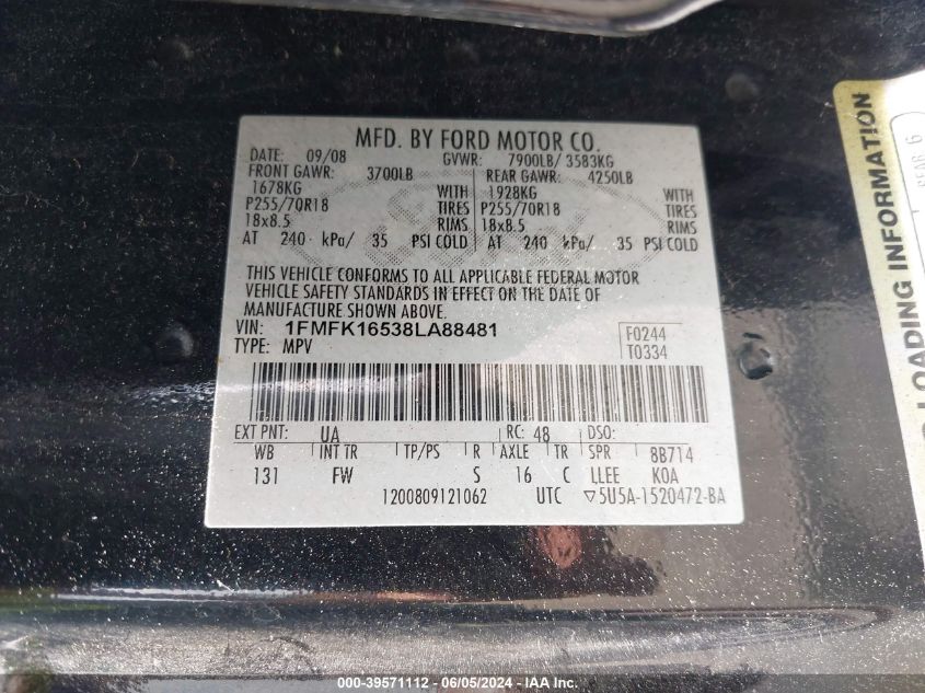 2008 Ford Expedition El Xlt VIN: 1FMFK16538LA88481 Lot: 39571112