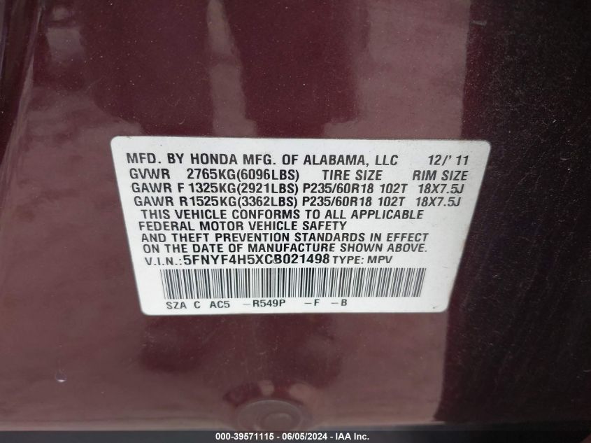 2012 Honda Pilot Ex-L VIN: 5FNYF4H5XCB021498 Lot: 39571115