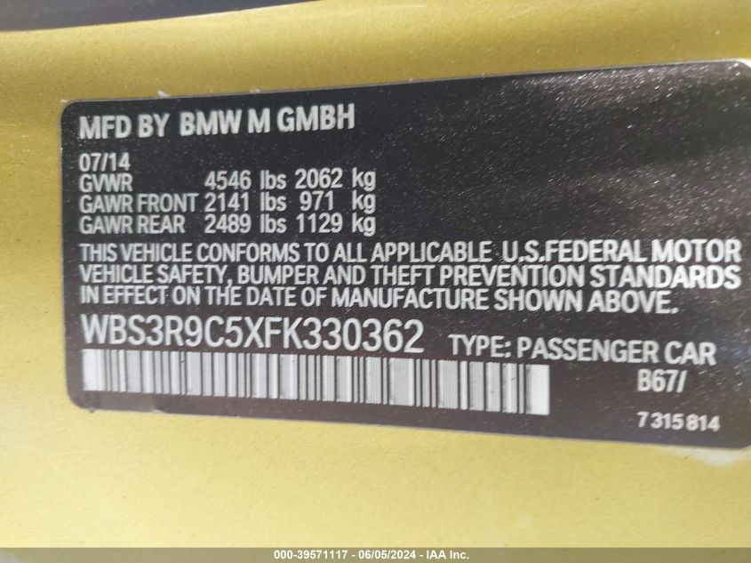 2015 BMW M4 VIN: WBS3R9C5XFK330362 Lot: 39571117