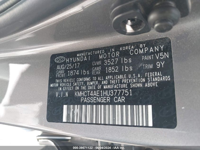 2017 Hyundai Accent Se VIN: KMHCT4AE1HU377751 Lot: 39571122