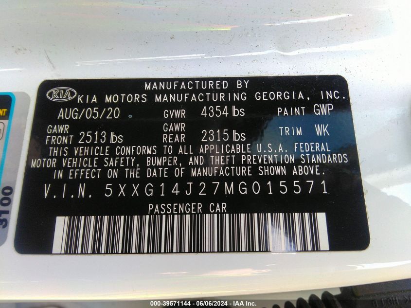 2021 Kia K5 Lxs VIN: 5XXG14J27MG015571 Lot: 39571144