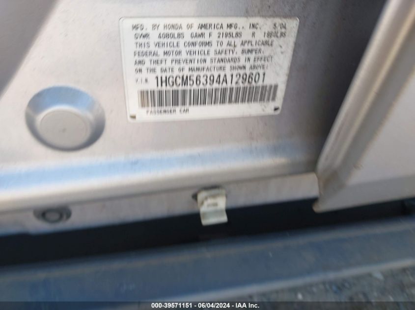 2004 Honda Accord 2.4 Lx VIN: 1HGCM56394A129601 Lot: 39571151