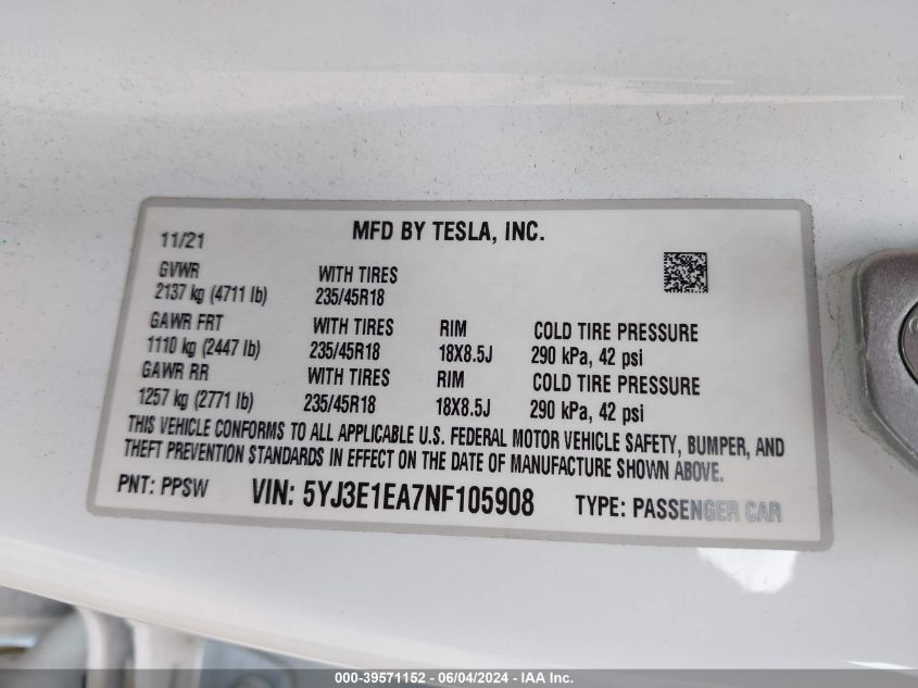 2022 TESLA MODEL 3 REAR-WHEEL DRIVE - 5YJ3E1EA7NF105908