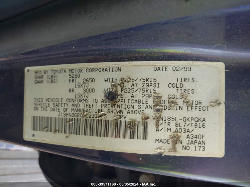 1999 Toyota 4Runner Sr5 V6 VIN: JT3HN86R0X0230175 Lot: 39571160