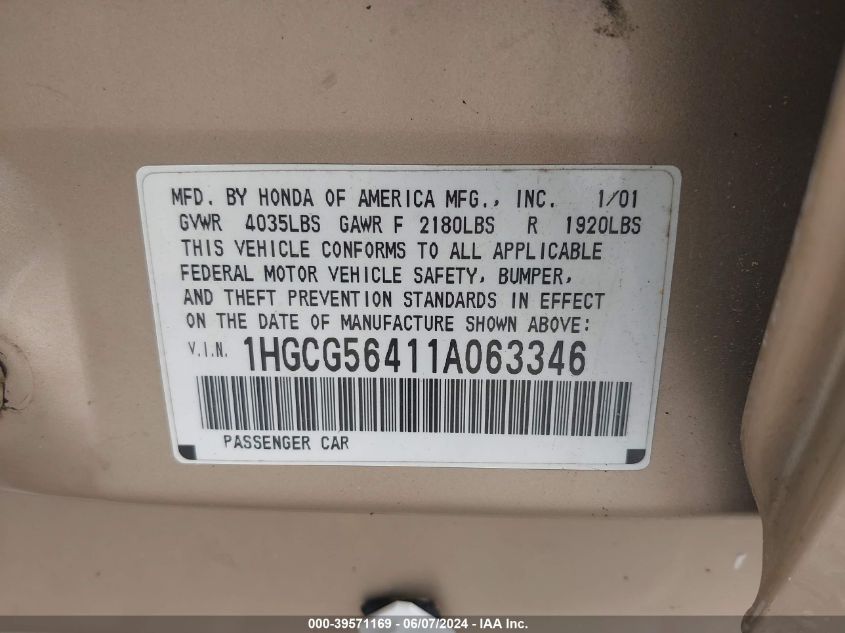 2001 Honda Accord 2.3 Lx VIN: 1HGCG56411A063346 Lot: 39571169