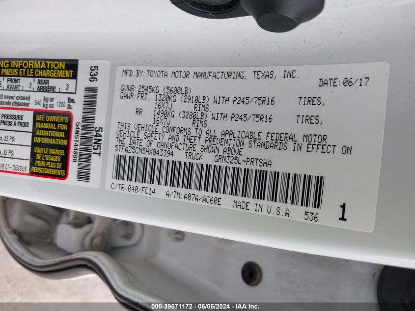 2017 Toyota Tacoma Sr5 V6 VIN: 5TFAZ5CN5HX043394 Lot: 39571172