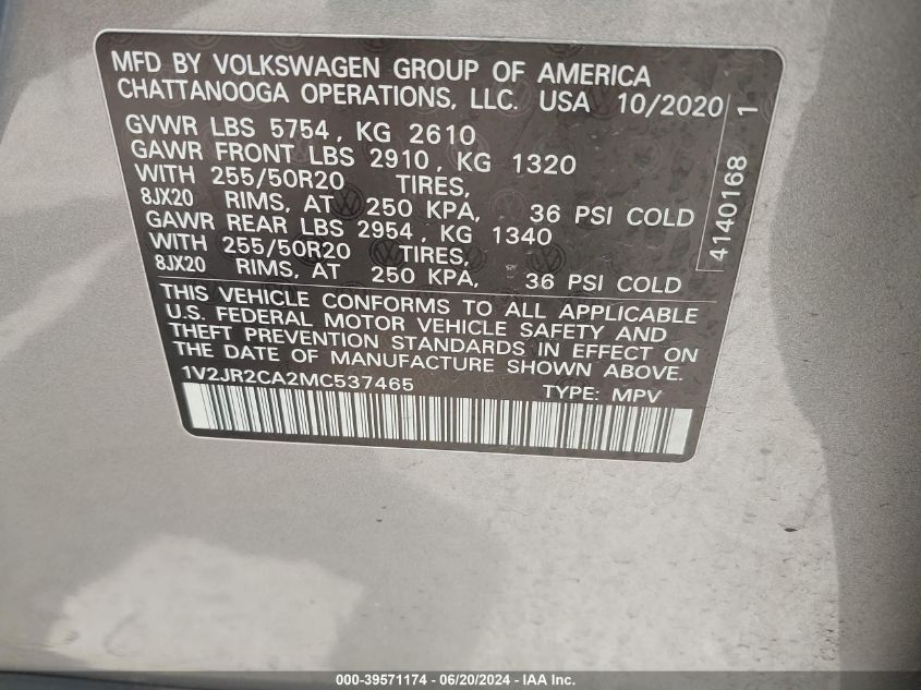 2021 Volkswagen Atlas 3.6L V6 Se W/Technology VIN: 1V2JR2CA2MC537465 Lot: 39571174