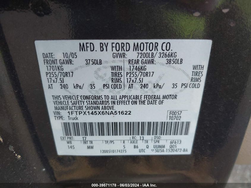 2006 Ford F-150 Fx4/Lariat/Xl/Xlt VIN: 1FTPX145X6NA51622 Lot: 39571178