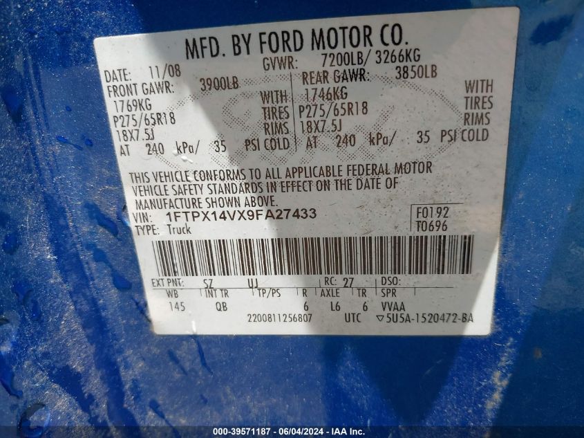 2009 Ford F-150 Fx4/Lariat/Xl/Xlt VIN: 1FTPX14VX9FA27433 Lot: 39571187