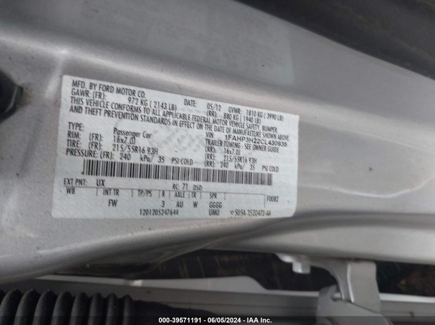 2012 Ford Focus Sel VIN: 1FAHP3H22CL430935 Lot: 39571191